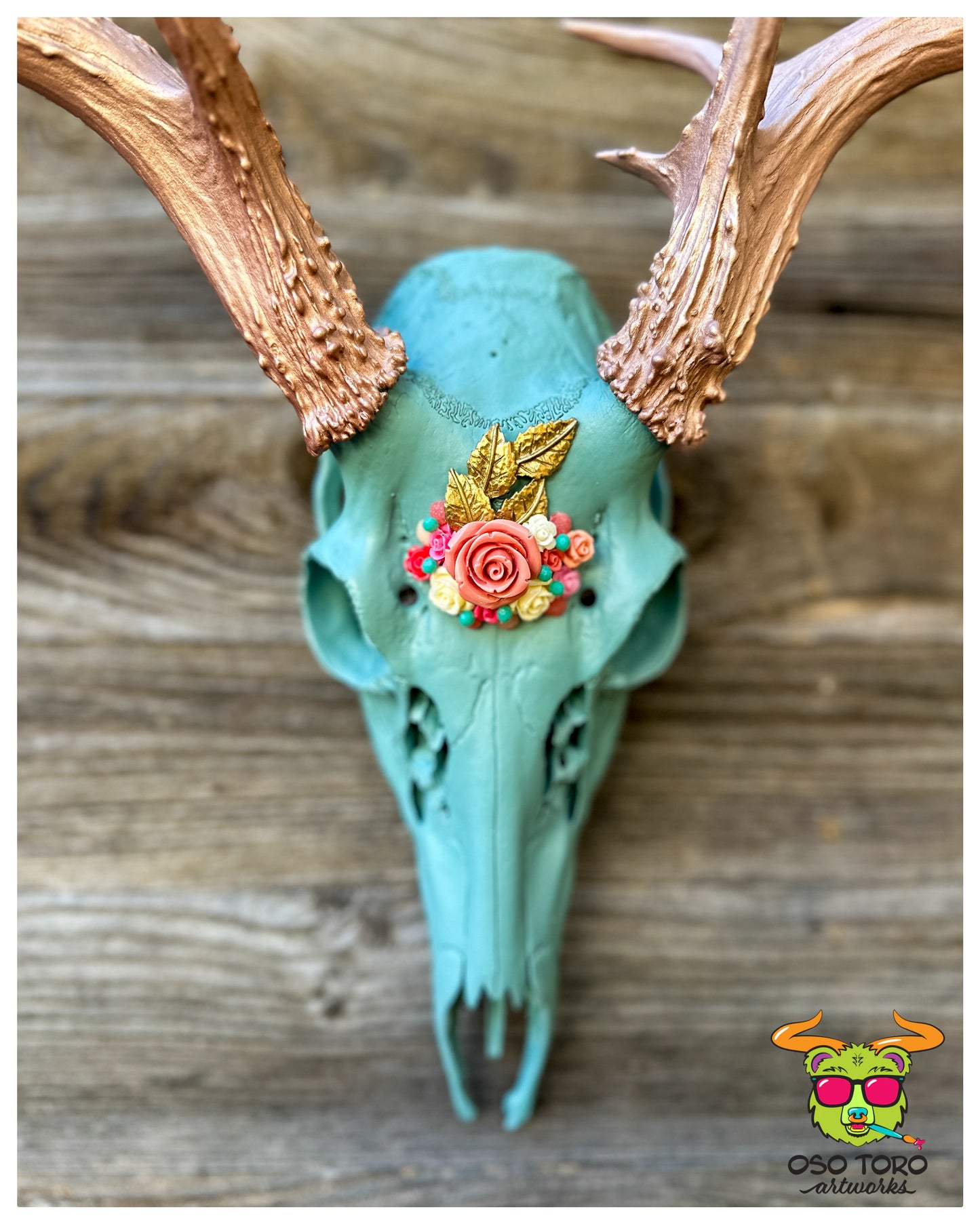 "Turquoise Blossom" Painted 9-Point Deer Skull