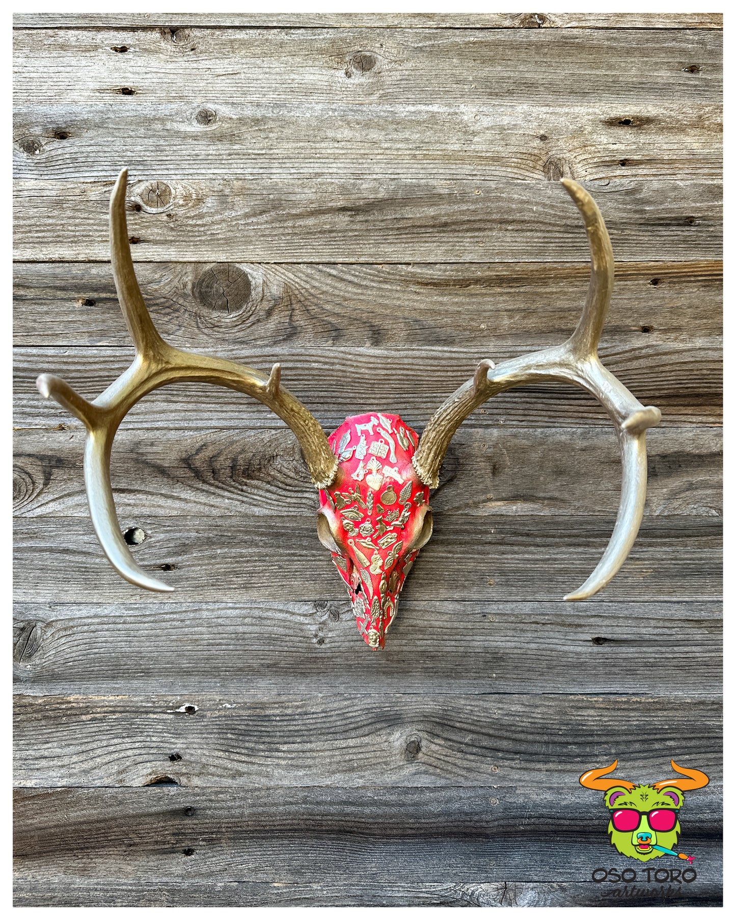 “Milagros” Pink and Gold 8 Point Deer Skull