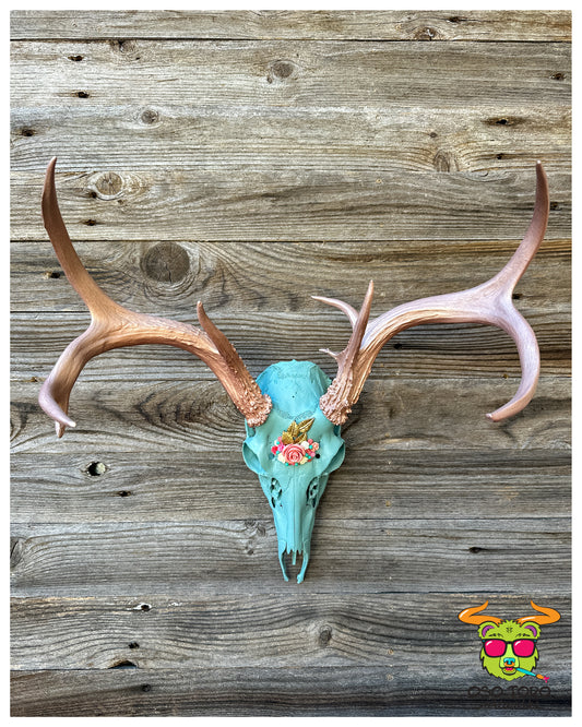 "Turquoise Blossom" Painted 9-Point Deer Skull